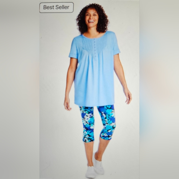 #492-Woman Within-Short-Sleeve Pintucked Henley Tunic Green PatternedSze. 26/28W - Picture 3 of 6